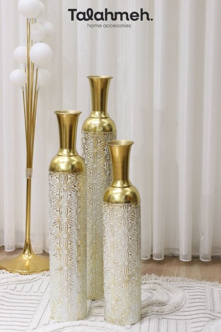 طقم فازات معدن هندي ذهبي ثقيل من 3 قطع